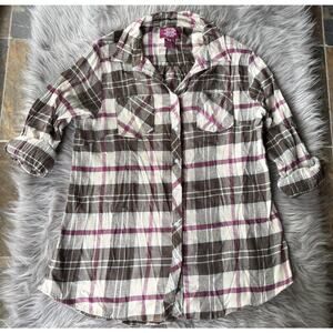 SGR Womens 1X Flannel Plaid Button Up Shirt Blouse Brown Burgundy Roll Tab Sleev